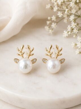 Gold Pearl Reindeer Stud Earrings